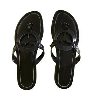 EUC Vintage 2000s Y2K Laurent Effel‎ Black Patent Leather Logo Sandals